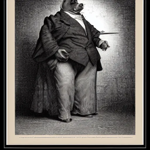 Image similar to detailed portrait of a pig in a tuxedo, dramatic light, Chiaroscuro, illustration by Paul Gustave Doré