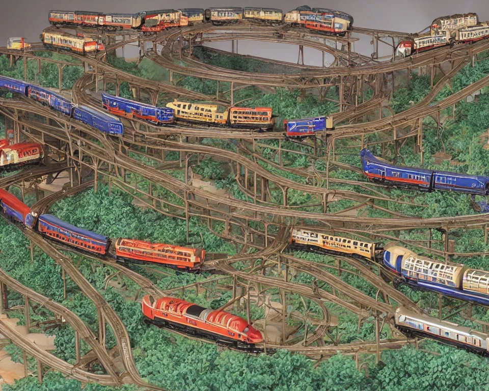 Image similar to an elaborate model train layout featuring mallard locomotives by Hasui Kawase, Raphael, and Bernini.