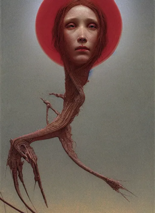 Image similar to Woman masterpiece, red, golden halo behind her head, by Edgar Maxence and Ross Tran, Zdzisław Beksiński, and Michael Whelan, distant, gustav dore, H.R. Giger, 8k, octane render