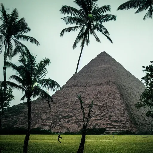 Image similar to a giant pyramid in a tropical jungle. overcast sky, grainy.