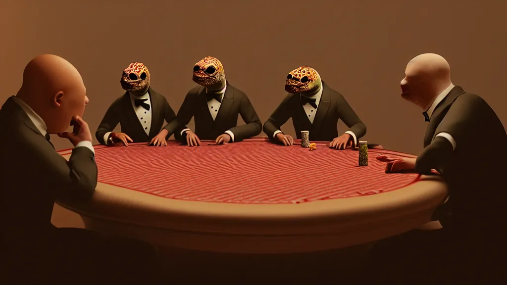 Image similar to hyperrealism simulation highly detailed human turtles'wearing detailed tuxedos and smoking, playing poker in surreal scene from dark scary movie from future by wes anderson and denis villeneuve and mike winkelmann rendered in blender and octane render