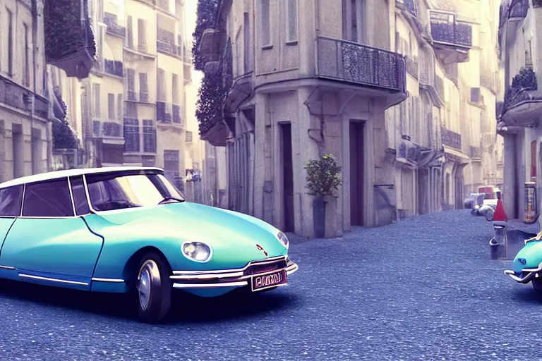 Image similar to a wholesome beautiful animation key shot of!! one!! focused!! 1 9 7 4 citroen ds!! in a paris street, medium wide shot, studio ghibli, ( pixar ) and disney animation, sharp, very detailed, high resolution, rendered in unreal engine 5, anime key art by greg rutkowski, bloom, dramatic lighting