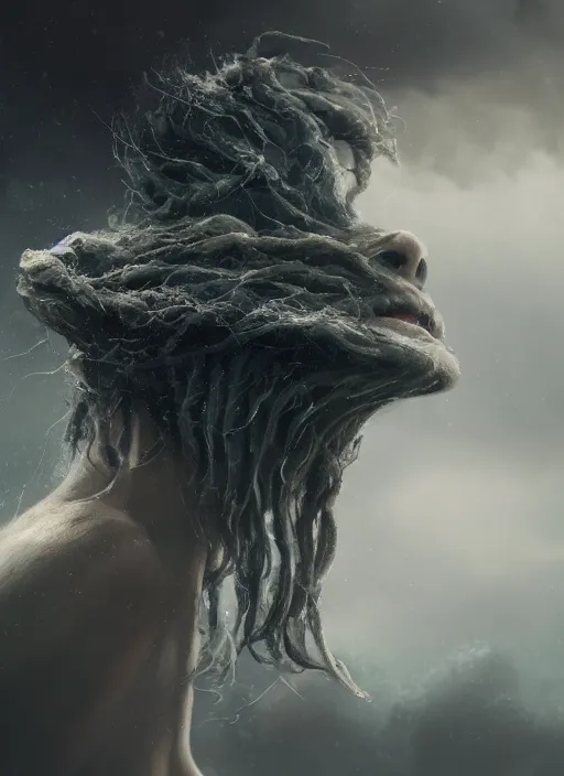 Image similar to a close up portrait of a creepy grotesque sea witch with dark turbulent skies, photorealistic, by jessica rossier, 4 k resolution