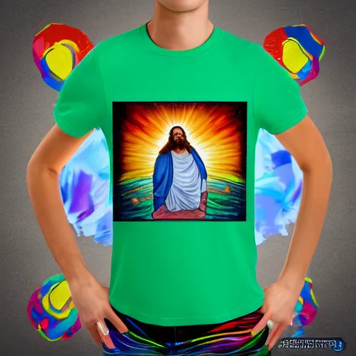 Image similar to Jesus wear a rainbow t-shirt and walks on water, front view, Fullbody, realistic, Photograph, 4k