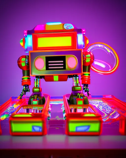 Prompt: cute elaborate epic robot, candy colors, pinball machine parts, symmetrical, in a city made of arcade machines and buildings made of candy, octane render, 3 d model, translucent, clear parts, rainbow neon lights, detailed by pokedstudio
