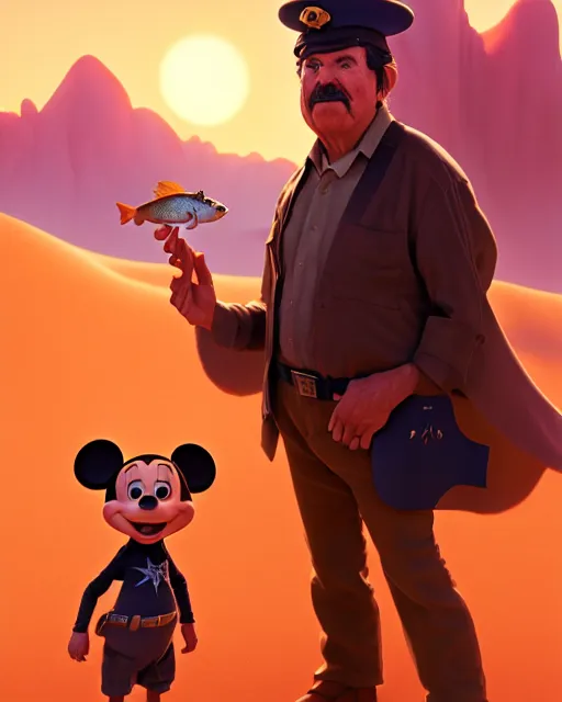 Image similar to disney pixar portrait 8 k photo of captain beefheart standing in the desert holding a fish : : by weta, greg rutkowski, wlop, ilya kuvshinov, rossdraws, artgerm, annie leibovitz, rave, unreal engine, alphonse mucha : :