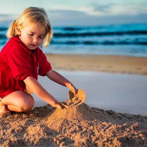 Image similar to little blond girl, making a sandcastle!!! on an Australian Beach, (((red)))!!! sand, shovel, waves, golden hour, Canon EOS R3, f/1.4, ISO 200, 1/160s, 8K, RAW, unedited, symmetrical balance, in-frame