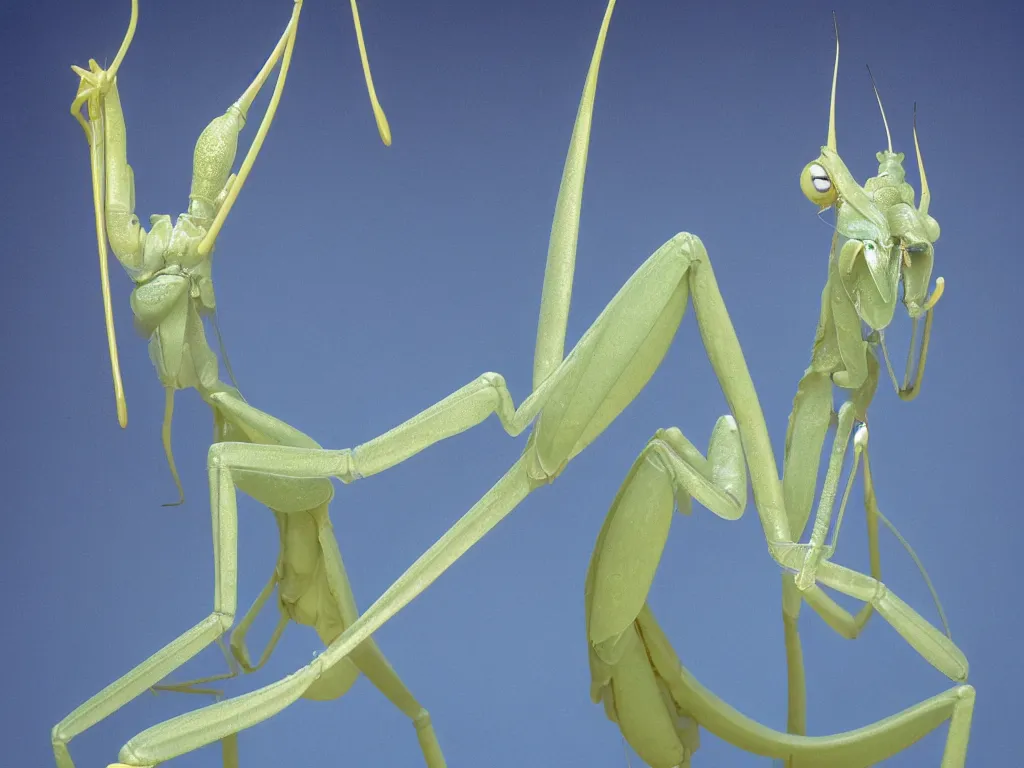 Image similar to close - up of a blue praying mantis. orchid mantis standing. petri dish art. subsurface scattering, translucency, backlit, diffused, smooth. studio photography high quality highly detailed award winning photograph by national geographic, by slim aarons. complementary color scheme. ( sculpture by antonio canova )