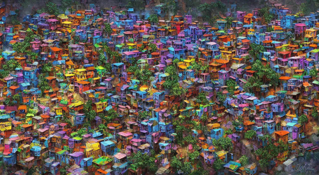 Image similar to a beautiful highly detailed matte painting of a vivid colorful favela by Jose Daniel Cabrera Pena and Leonid Kozienko, concept art