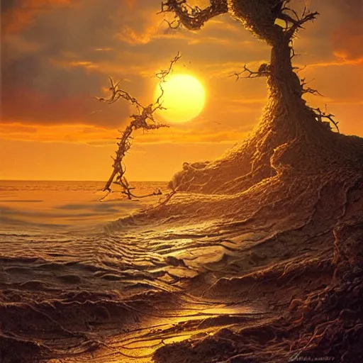 Prompt: bio-futurism,utopia,differential growth,beautiful sunset,michael whelan,photorealistic,detailed