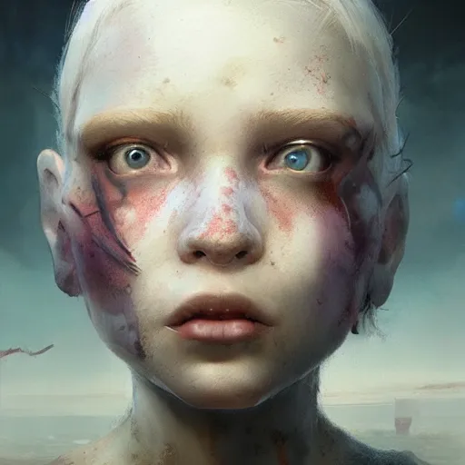 Prompt: hyper realistic photograph portrait of postapocalyptic albino girl, cinematic, artstation, cgsociety, greg rutkowski, james gurney, mignola, craig mullins, brom