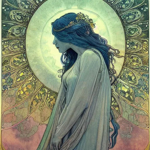 Image similar to a beautiful intricate watercolor illustration of an angel of nature, leaves, 4 k, ultra - wide angle, by william turner, by victo ngai, by alphonse mucha, by moebius, by gustave dore, hd, trending on artstation, hyper detailed, muted intense colors