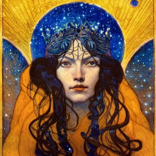 Prompt: queen of the moon with stars in her hair, by nicholas roerich and annie swynnerton and donato giancola and jean delville and dulac, dramatic lighting, god rays, geometric tattoos, rich colors, smooth sharp focus, extremely detailed, leo and diane dillon, adolf wolfli