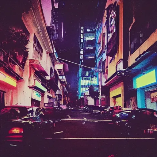 Image similar to a polaroid photo of cyberpunk guatemala city with cyberpunk aesthetic