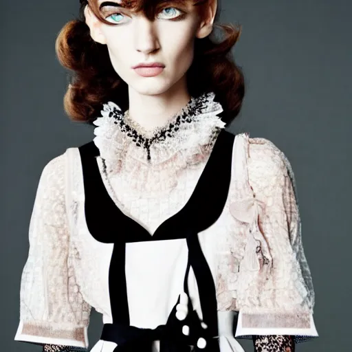 Prompt: close up of a fashion model with french maid dress, official valentino editorial, highly detailed