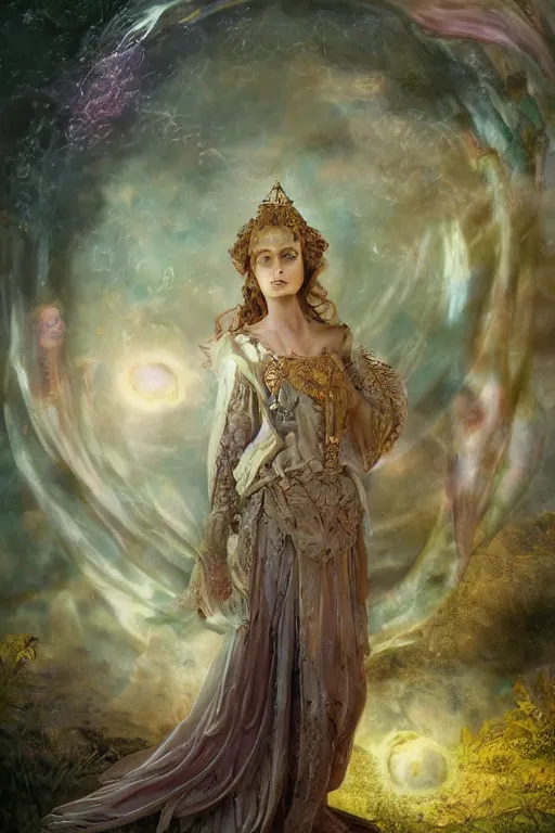 Image similar to elaborately hyperdetailed Surrealist pre-raphaelite illustration of an extremely beautiful regal woman with an imponent crown, eerie mist and ethereal pink bubbles, Aetherpunk, atmospheric lighting, bright background, moonlight, high fantasy professionally painted digital art painting, smooth, sharp focus, highly detailed illustration highlights, backlight, golden ratio, 8K detail post-processing, symmetrical facial features, rich deep moody colors, award winning picture, Daily Deviation on DeviantArt, trending on cgsociety, featured on ArtstationHQ, very coherent symmetrical artwork, concept art