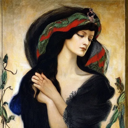 Prompt: oil painting of princess Vulvine, Hungarian, curly dark hair, fair skin, funeral veil, dark ominous by Georgia o Keeffe, by Marcel Jankowicz, by Botticelli, by Gustave Moreau, concept art, master