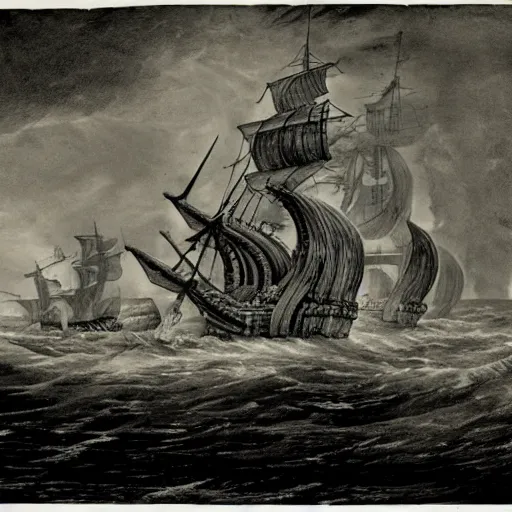 Image similar to an impossibly huge pirate ship, being attacked by a kraken, giant tentacles. 1800s photograph