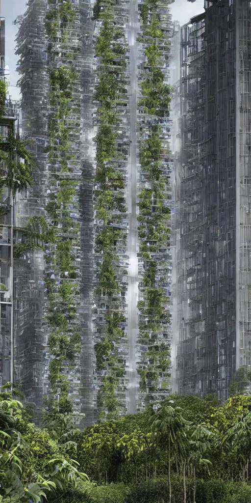 Prompt: an elevational photo by Andreas Gursky of tall and slender futuristic mixed-use towers emerging out of the ground. The rusty industrial towers are covered with trees and ferns growing from floors and balconies. The towers are bundled very close together and stand straight and tall. The towers have 100 floors with deep balconies and hanging plants. Cinematic composition, volumetric lighting, foggy morning light, architectural photography, 8k, megascans, vray.