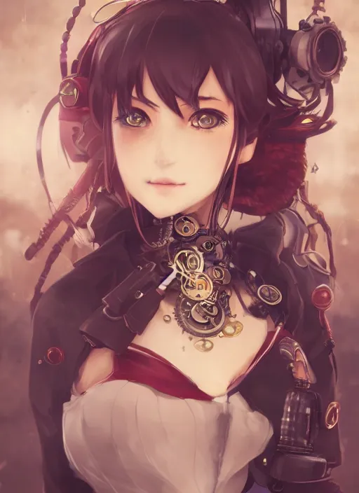 Image similar to steampunk themed anime girl with a steampunk robotic crow on her shoulder, finely detailed, portrait, beautiful, cinematic lighting, made by wlop, artgerm, illustration