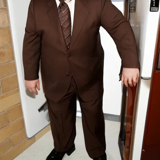 Image similar to Andy Richter is wearing a chocolate brown suit and necktie and stepping out from inside a refrigerator.