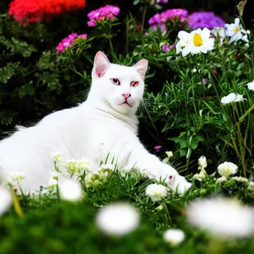 Image similar to a photo of a white cat laying on his back surrounded by flowers.