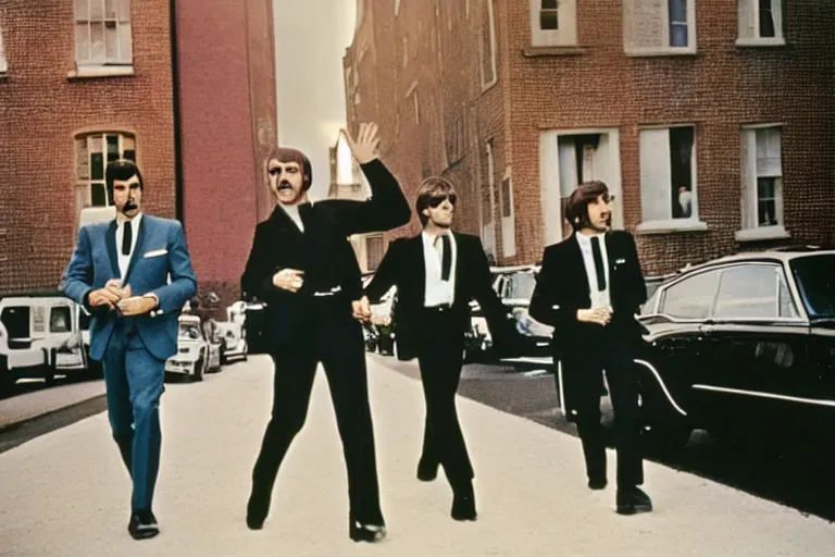 Image similar to sean connery as james bond with the beatles at abbey road recording studio, color photograph, 1 9 6 0 s