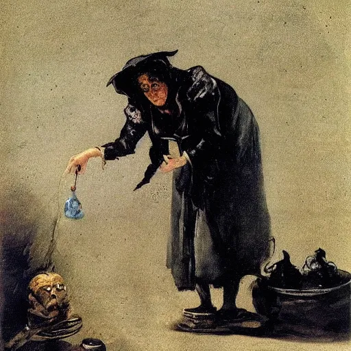 Image similar to An old wrinkled witch dressed in black making potions in her cauldron under the moon light. Oil painting by Francisco de Goya.