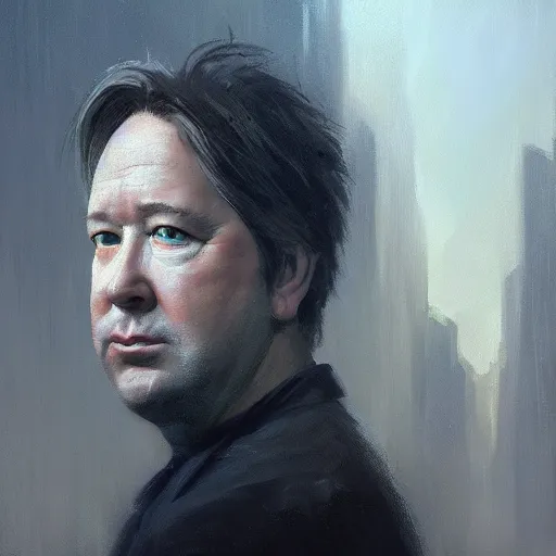 Image similar to closeup portrait of bill hicks, dramatic lighting, city background, chiaroscuro, high detail, painted by greg rutkowski, painted by igor kieryluk, painted by bobby chiu, trending on artstation