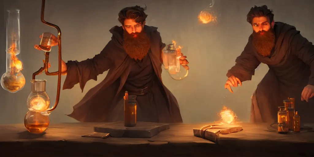 Image similar to a handsome bearded caucasian male sorcerer with brown hair he is casting a spell with flowing energy, he is in a alchemist lab filled with beakers and equipment, neutral pose, epic composition, 4 k, trending on artstation, by greg rutkowski, rudy siswanto