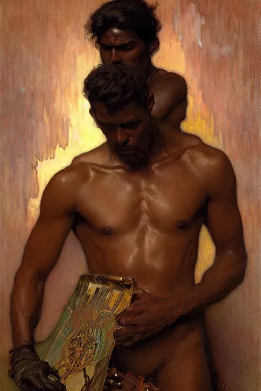 Image similar to attractive man, dark skin, painting by gaston bussiere, craig mullins, greg rutkowski, alphonse mucha