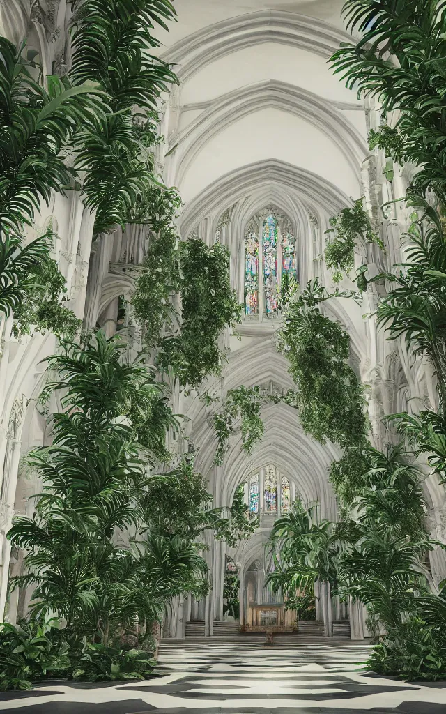 Image similar to beautiful grand cathedral interior with!! koi pond!! in the! middle! surrounded by palm trees, ivy,!! flowers!!, ( tropical plants ),!! roses!!, and with archways, rendered in octane render with photorealistic volumetric cinematic lighting, wide angle, horizontal symmetry, symmetrical! 8 k