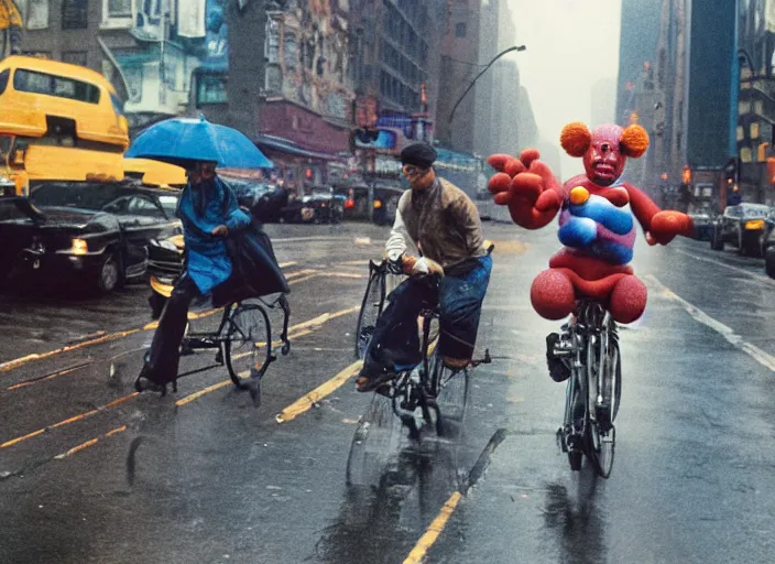 Prompt: A very high resolution image from a new movie, a clown fighting an octopus on a bikecycle on a rainydayinNewYork city, Polaroid, directed by Steven Spielberg