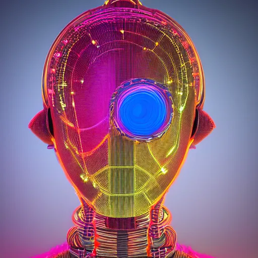 Prompt: a claymodel of a dieselpunk futuristic robot head wearing brain sensors with multicolored spiral cables, 8 k, front shot, symetrical, flourescent colors, halluzinogenic, multicolored, insanely detailed, front shot, bust shot, 3 d render, octane