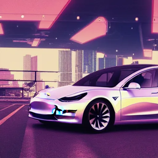 Image similar to tesla model 3 in Japanese city, artstation, synthwave