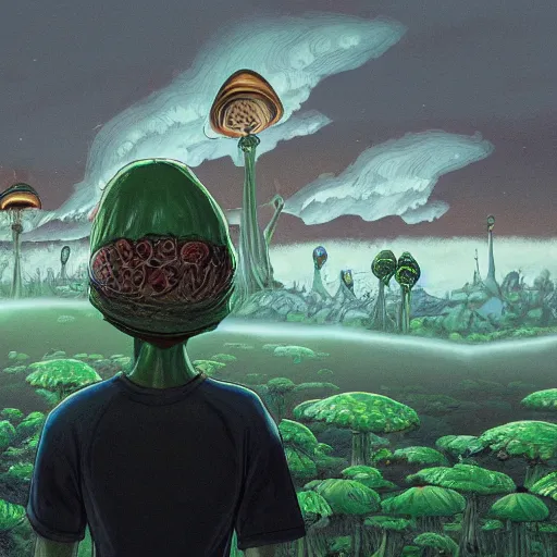 Prompt: A centered waist up portrait of a scary psychedelic godlike anthropomorphic frog smoking tobacco , magic mushroom village in background . award winning. superb resolution. in the art style of junji Ito and greg rutkowski . Detailed Mushroom city in background. Hyper realistic anime. Perfect art. Dalle2