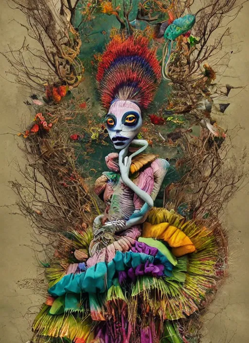 Prompt: the attitude that nature is chaotic and that the artist puts order into it is a very absurd point of view, i think. all that we can hope for is to put some order into ourselves. nonfigurative, flowing fabric, detail, surreal object photography, haute couture, lowbrow pop surrealism, street art, alchemy, neo expressionism, alebrijes, mexican folk art