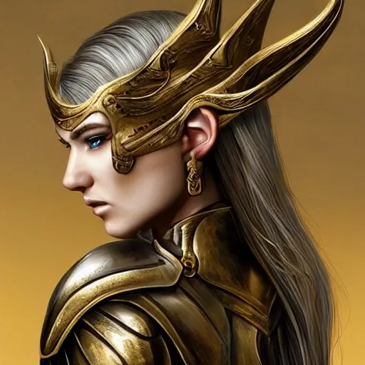 Prompt: side portrait!!! of a female elven warrior, fantasy, head tilted down, hair in the wind, gold armour, gold jewelry, white skin, detailed face!!!!!, trending on artstation, gsociety, D&D, elegant, symmetrical facial features, highly detailed, sophisticated, hyperrealistic, detailed painting, smooth, sharp focus, upper body, intricate, rule of thirds, holy glow, backlit, hd 4k by Greg Rutkowski, Charlie Bowater, Karol Bak