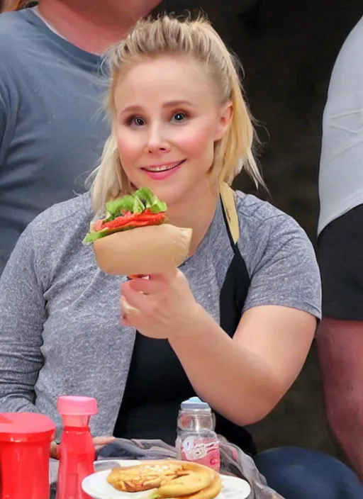 Image similar to chonky chubby kristen bell sitting eating a hamburger with her belly sticking out of her shirt