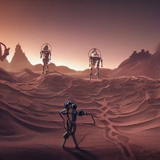 Prompt: painting of a sand landscape, steampunk, buried wreckage of hundreds of giant, humanoid robots, small figures in foreground, octane render, 4 k