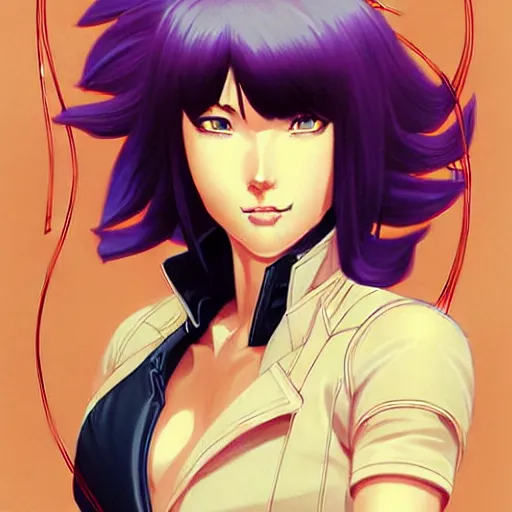 Image similar to head and shoulders portrait of Motoko Kusanagi League of Legends illustration, medium shot, intricate, elegant, highly detailed, digital art, ffffound, art by JC Leyendecker and sachin teng