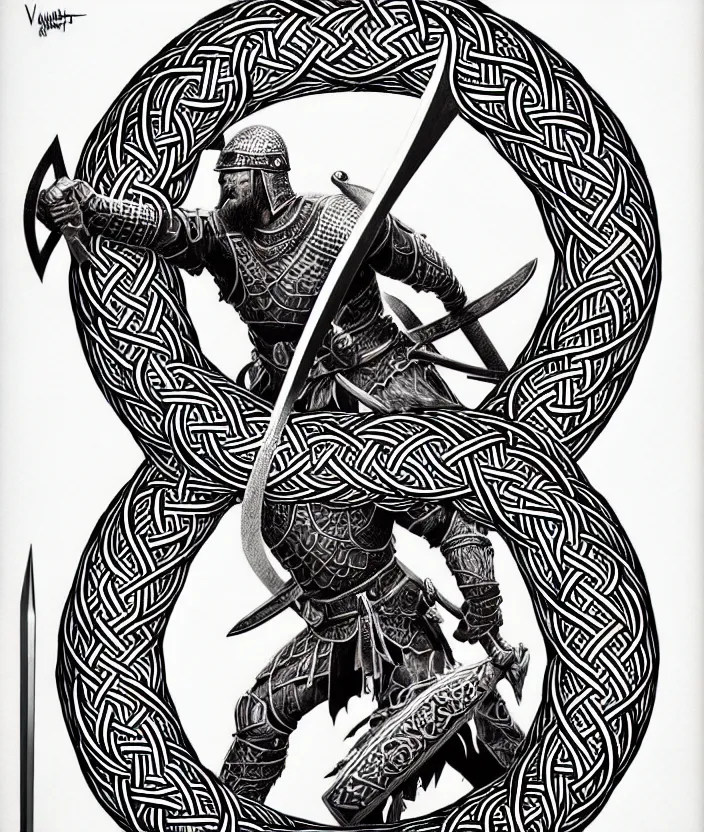 Prompt: shaded, minimalist, knotwork with center viking warrior, extremely detailed, bold line art, by vincent di fate and joe fenton and artgerm, holding shield and sword, centered, inking, etching, screen print, inkblots of color, masterpiece, trending on artstation, sharp, high contrast, hyper realistic, hd, 4 k, 8 k