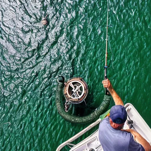 Prompt: birds eye view of a man fishing in clear waters, thalassophobia, a titanous aquatic beasts peers upwards at a quaint fisherman, fishing directly into the maw of an unknown leviathan, aerial