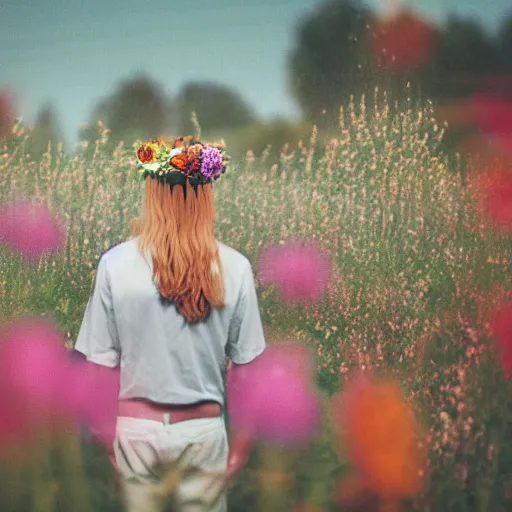 Image similar to revolog kolor photograph of a skinny blonde guy standing in a field of flowers, flower crown, back view, grain, moody lighting, telephoto, 9 0 s vibe, blurry background, vaporwave colors!, faded!,