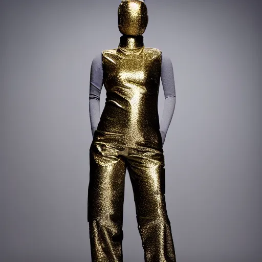 Prompt: a full body shot of a female mannequin, designed by hans boodt mannequins, wearing baggy pants, a tight top and a shiny, puffy coat, epic studio lighting, fashion photography