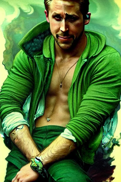 Prompt: Ryan Gosling wearing green clothes, muscular, fantasy, painting by greg rutkowski and alphonse mucha