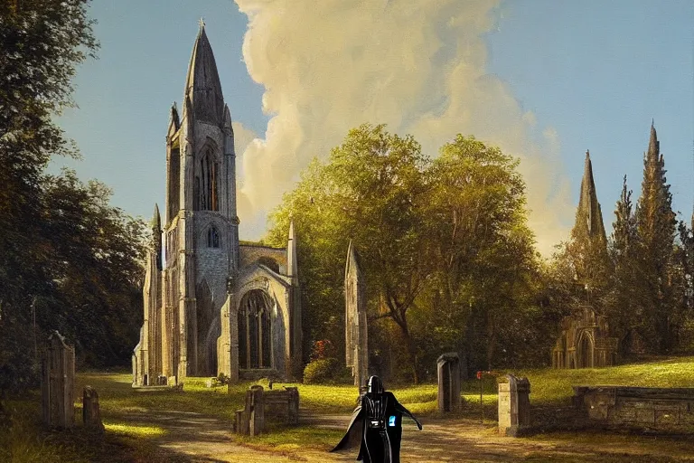 Prompt: a detailed oil painting of darth vader leaving a quaint medieval flint church, english, churchyard, trees, golden hour, lead - covered spire, realistic