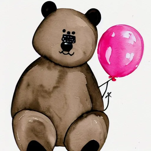 Image similar to watercolor cute animated bear holding birthday balloons, white background,