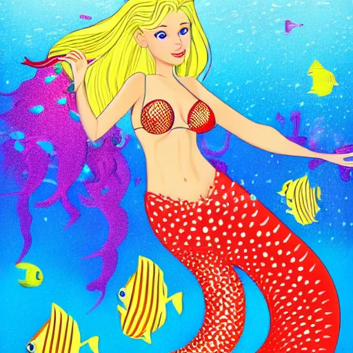 Image similar to beautiful blonde female mermaid riding colorful seahorse underwater surrounded by fish