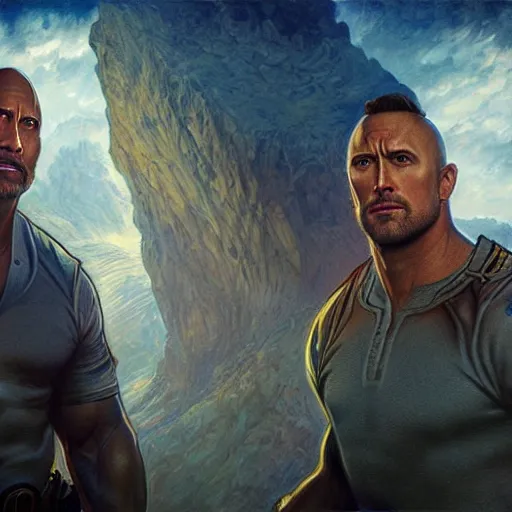 Image similar to Dwayne Johnson and Ryan Gosling Save the World, fantasy, intricate, elegant, highly detailed, digital painting, artstation, concept art, smooth, sharp focus, illustration, art by artgerm and greg rutkowski and alphonse mucha